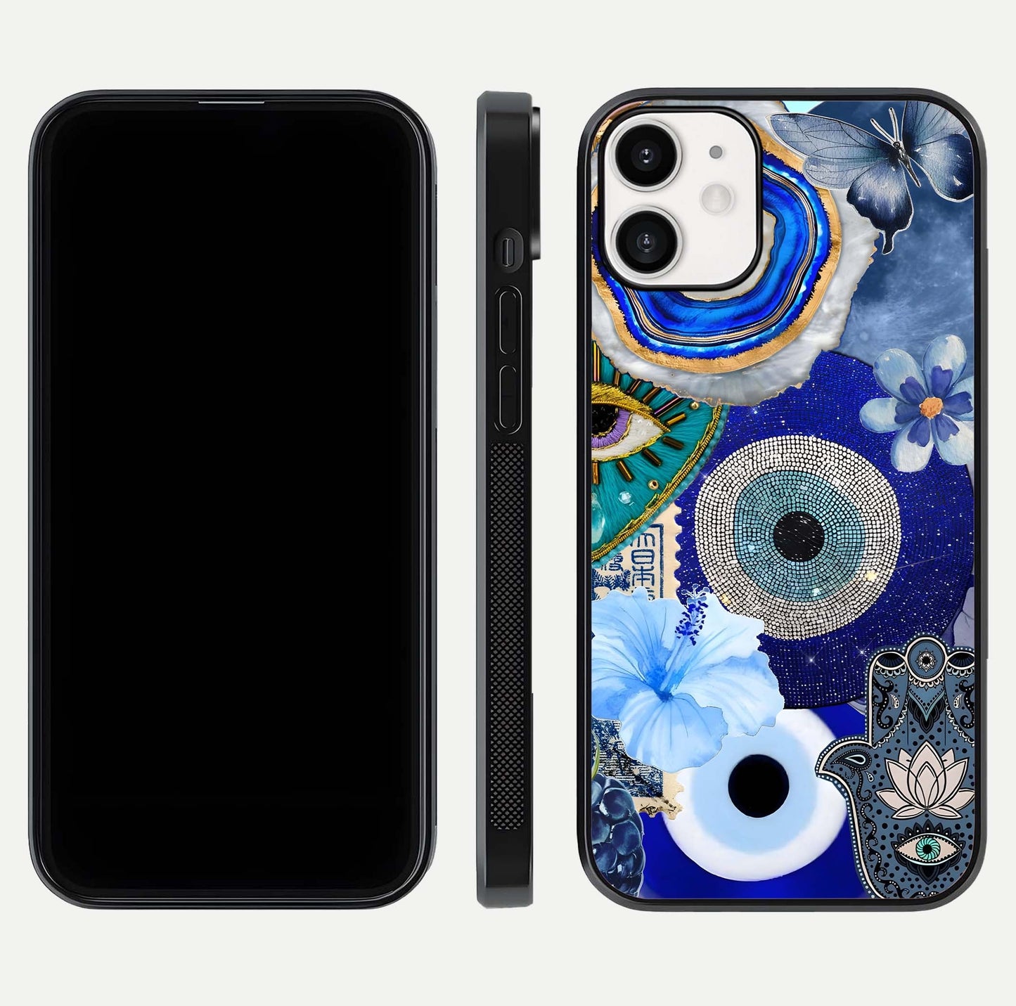 Celestial Blue Vision Glass Case for iPhone 12 Mini dual-view layout showing celestial gradient and curved edges