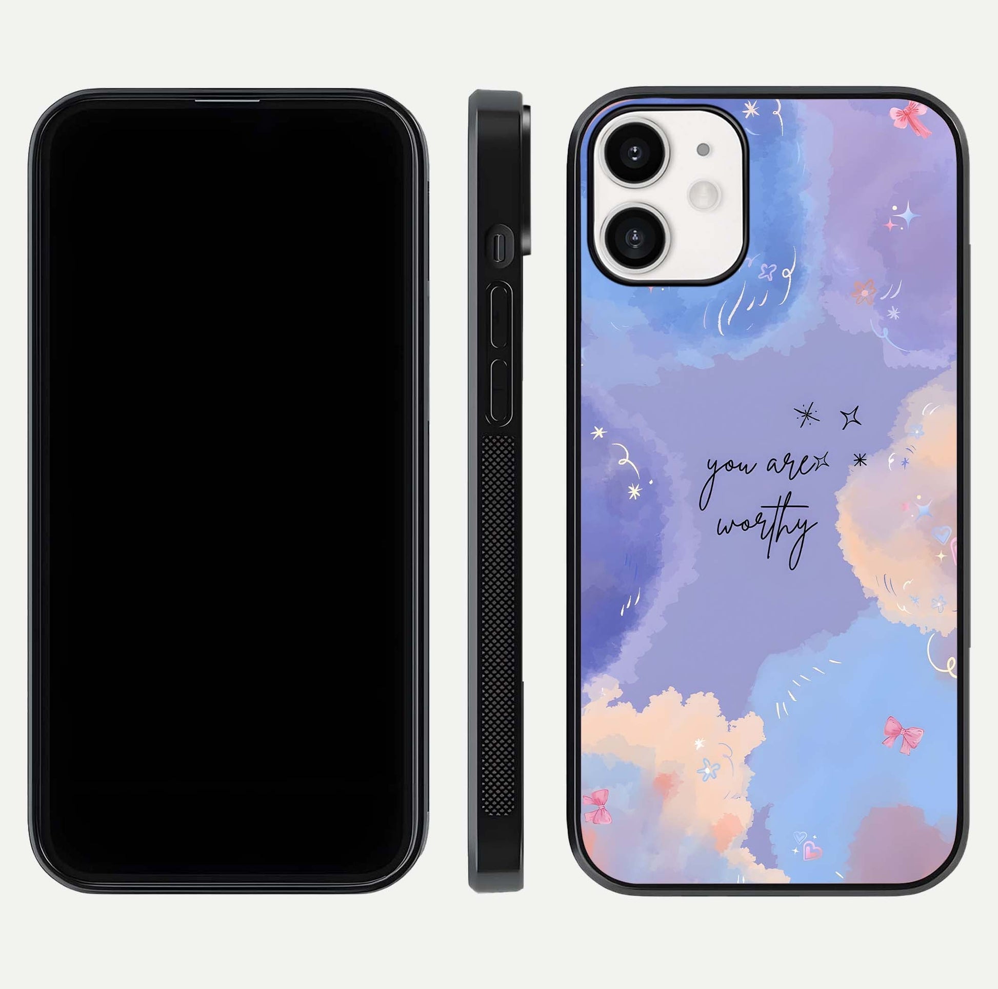 Celestial Cloud Magic Glass Case for iPhone 12 Mini dual-view layout showcasing soft color transition and gloss shine