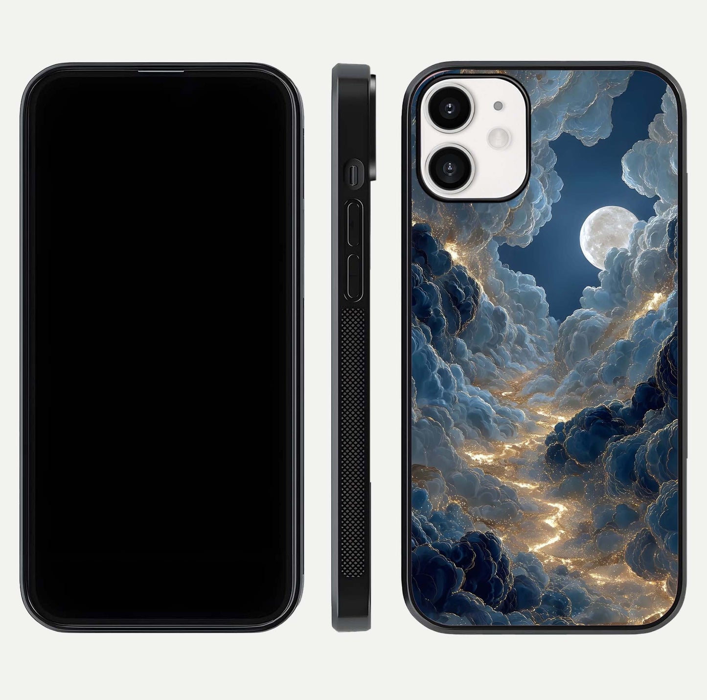 Celestial Cloud Road Glass Case for iPhone 12 Mini front-and-back layout displaying balance between light and depth