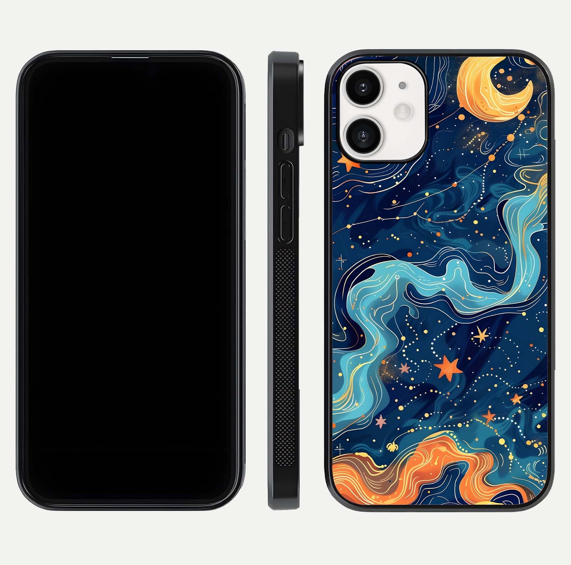 Celestial Dream Flow Glass Case for iPhone 12 Mini dual-view layout showing abstract flow and curved glass