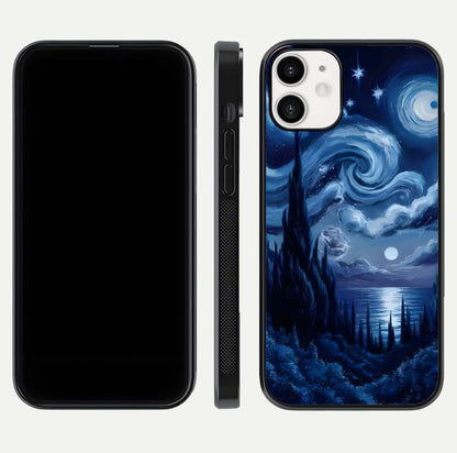 Celestial Dream Van Gogh Glass Case for iPhone 12 Mini dual-view layout displaying art texture and glass polish