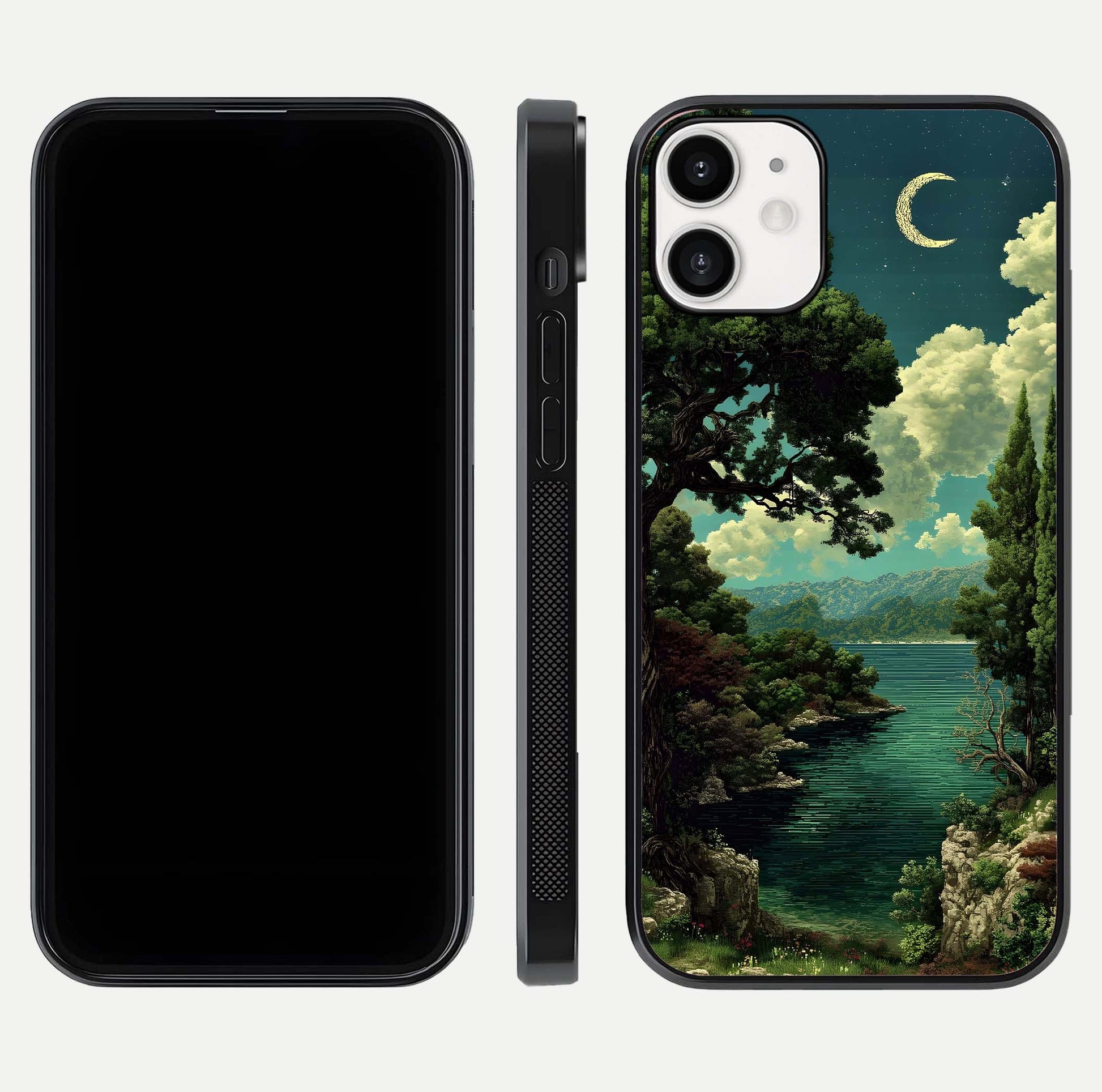 Celestial Lake Peace Glass Case for iPhone 12 Mini dual-view layout showing soft hues and HD shine