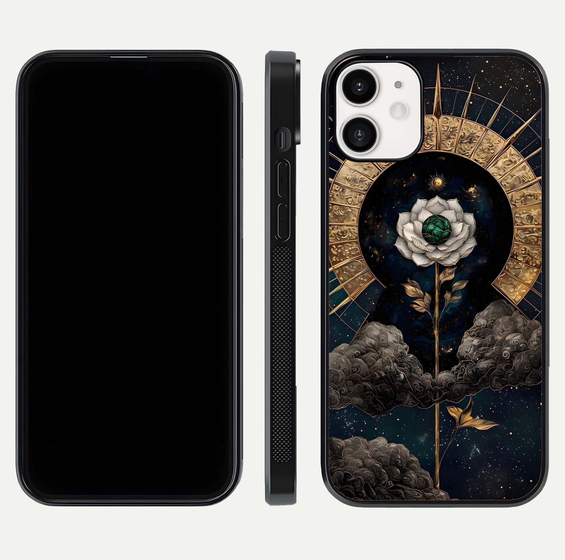 Celestial Lotus Morang Glass Case for iPhone 12 Mini dual-view layout displaying floral symmetry and polished edges