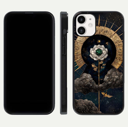 Celestial Lotus Morang Glass Case for iPhone 12 Mini dual-view layout displaying floral symmetry and polished edges