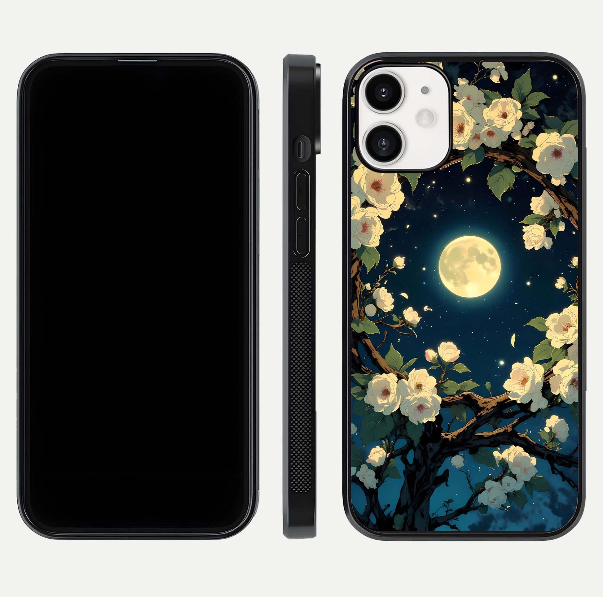 Celestial Moon & Flower Glass Case for iPhone 12 Mini dual-view layout showing balanced lunar art and gloss tone
