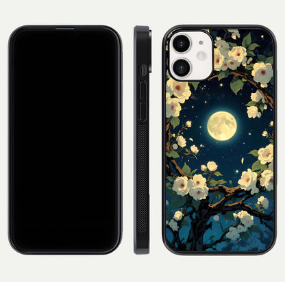 Celestial Moon & Flower Glass Case for iPhone 12 Mini dual-view layout showing balanced lunar art and gloss tone