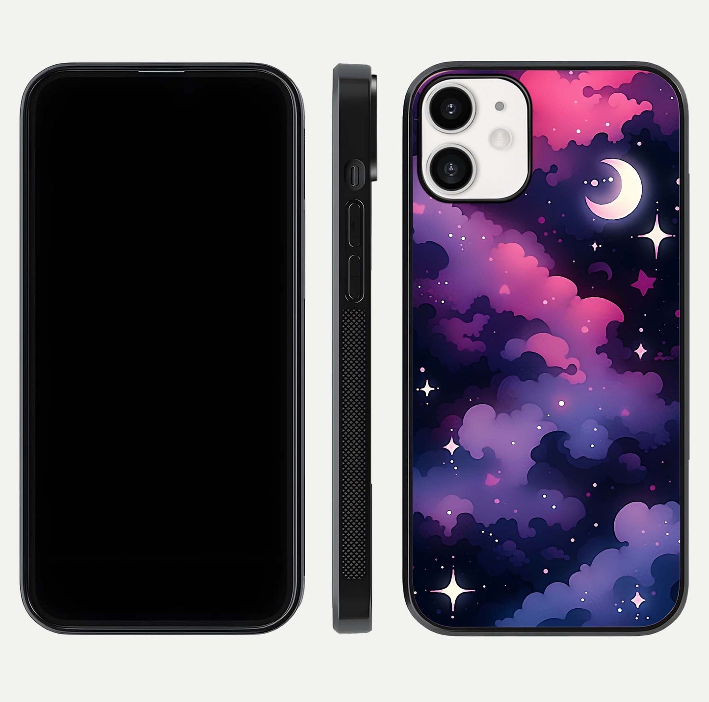 Celestial Moon Magic Glass Case for iPhone 12 Mini dual-view layout displaying lunar design and sleek edges