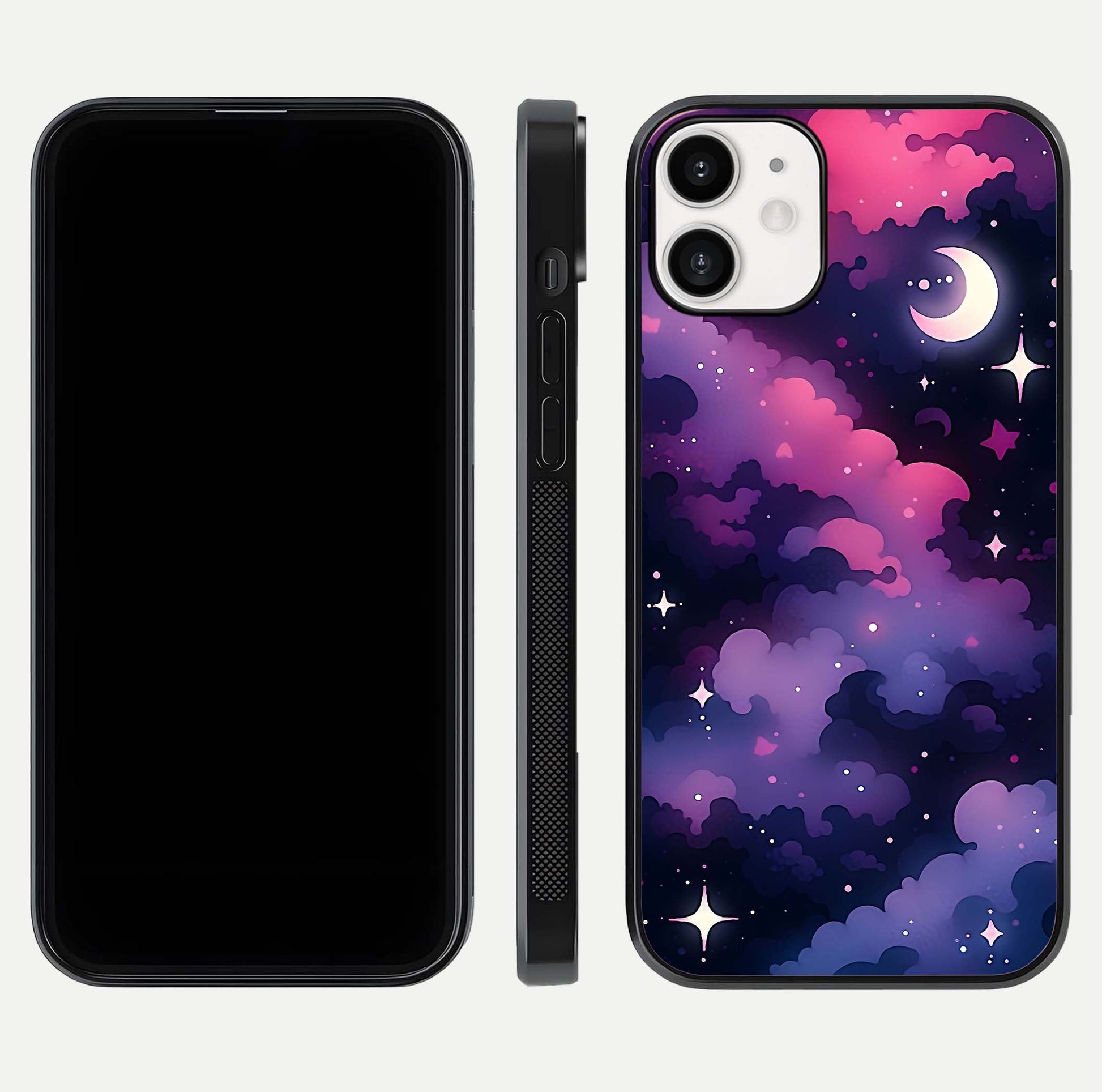 Celestial Moon Magic Glass Case for iPhone 12 Mini dual-view layout displaying lunar design and sleek edges