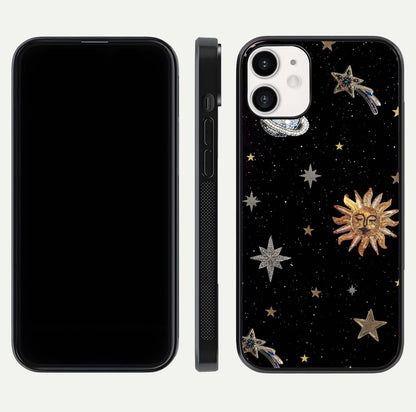 Celestial Moon With Stars Glass Case for iPhone 12 Mini front-and-back layout displaying lunar art and premium finish