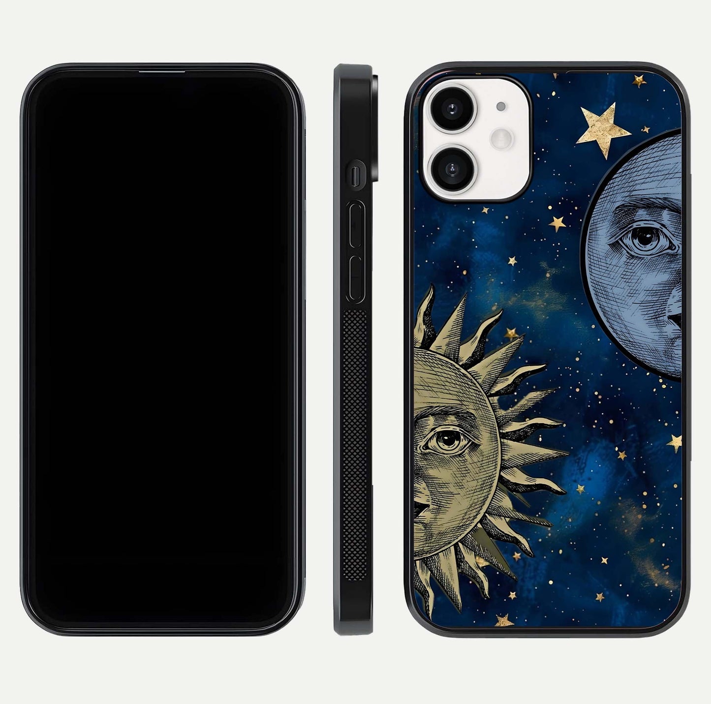 Celestial Moon With Sun Glass Case for iPhone 12 Mini dual-view layout showing luminous pattern and curved edges