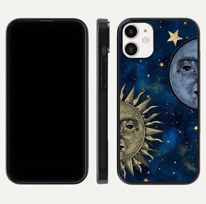 Celestial Moon With Sun Glass Case for iPhone 12 Mini dual-view layout showing luminous pattern and curved edges