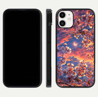Celestial Sakura Sunset Glass Case for iPhone 12 Mini dual-view layout showing floral gradient and reflection polish
