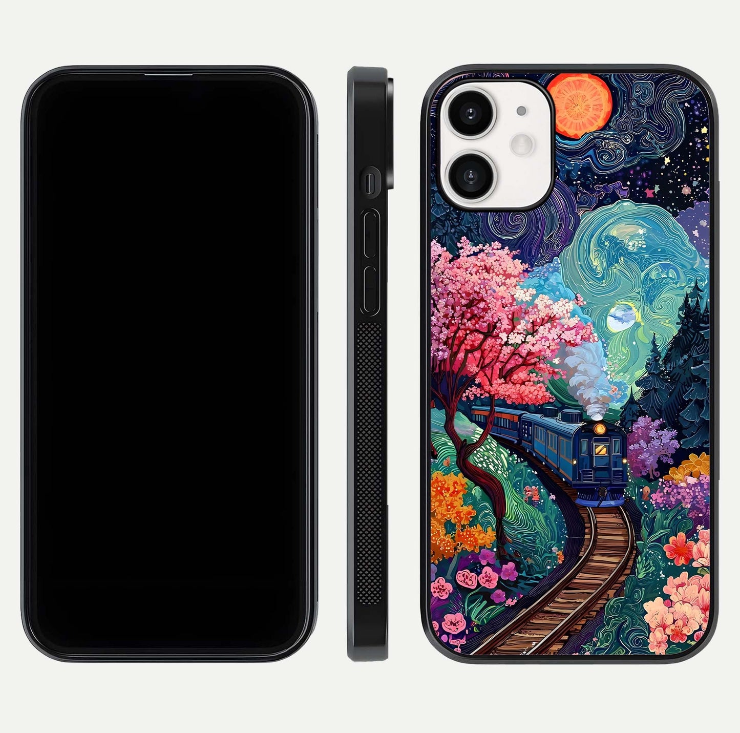 Celestial Train Journey Glass Case for iPhone 12 Mini dual-view layout showing cosmic art balance and curved glass edges
