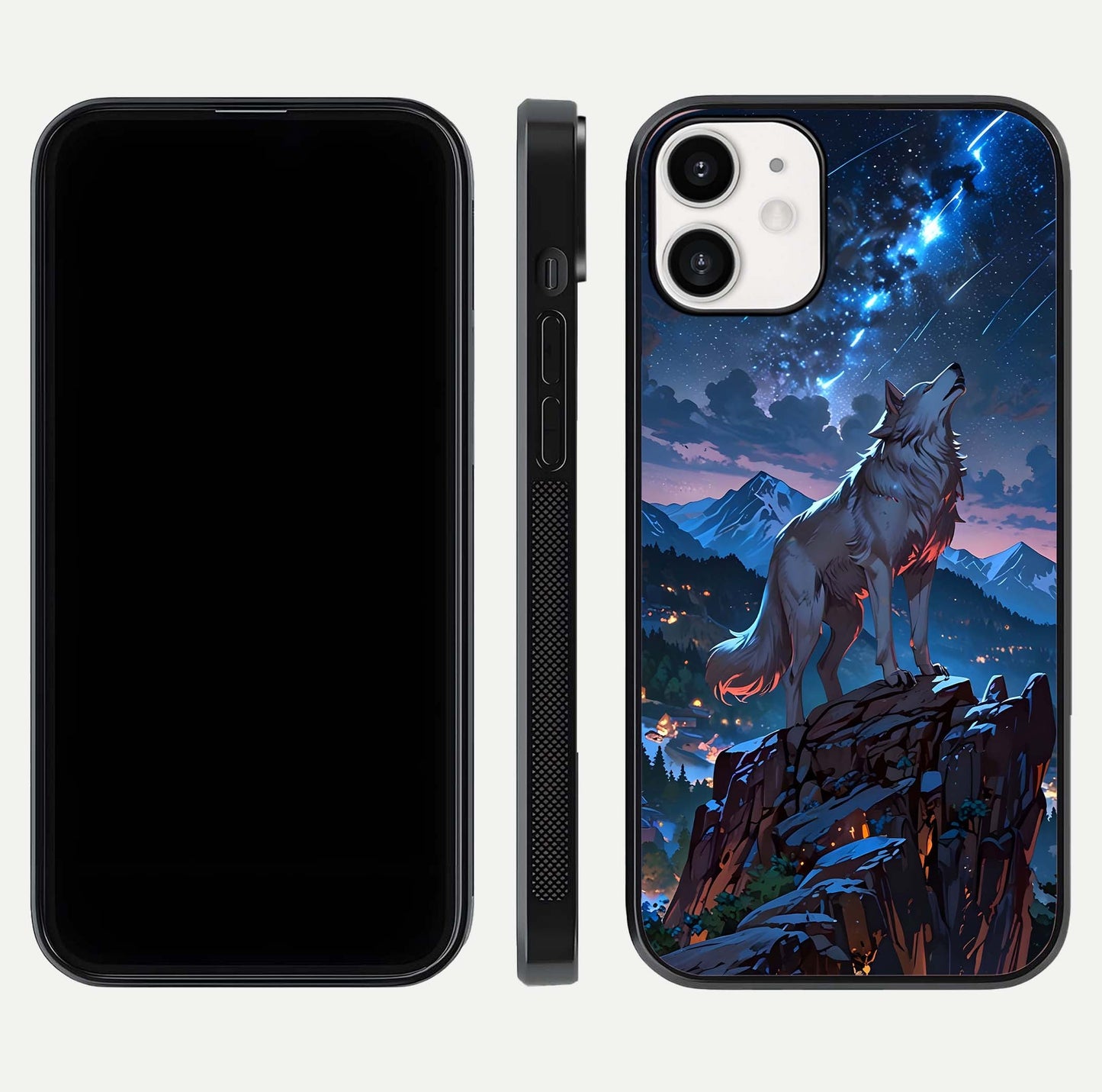 Celestial Wolf Howl Glass Case for iPhone 12 Mini dual-view layout displaying night tones and protective glass edges