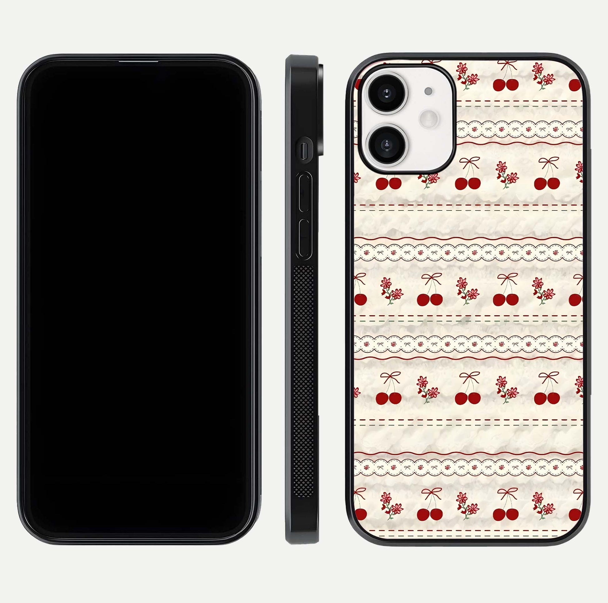Cherry Bloom Charm Glass Case for iPhone 12 Mini front-and-back layout displaying floral art and smooth finish