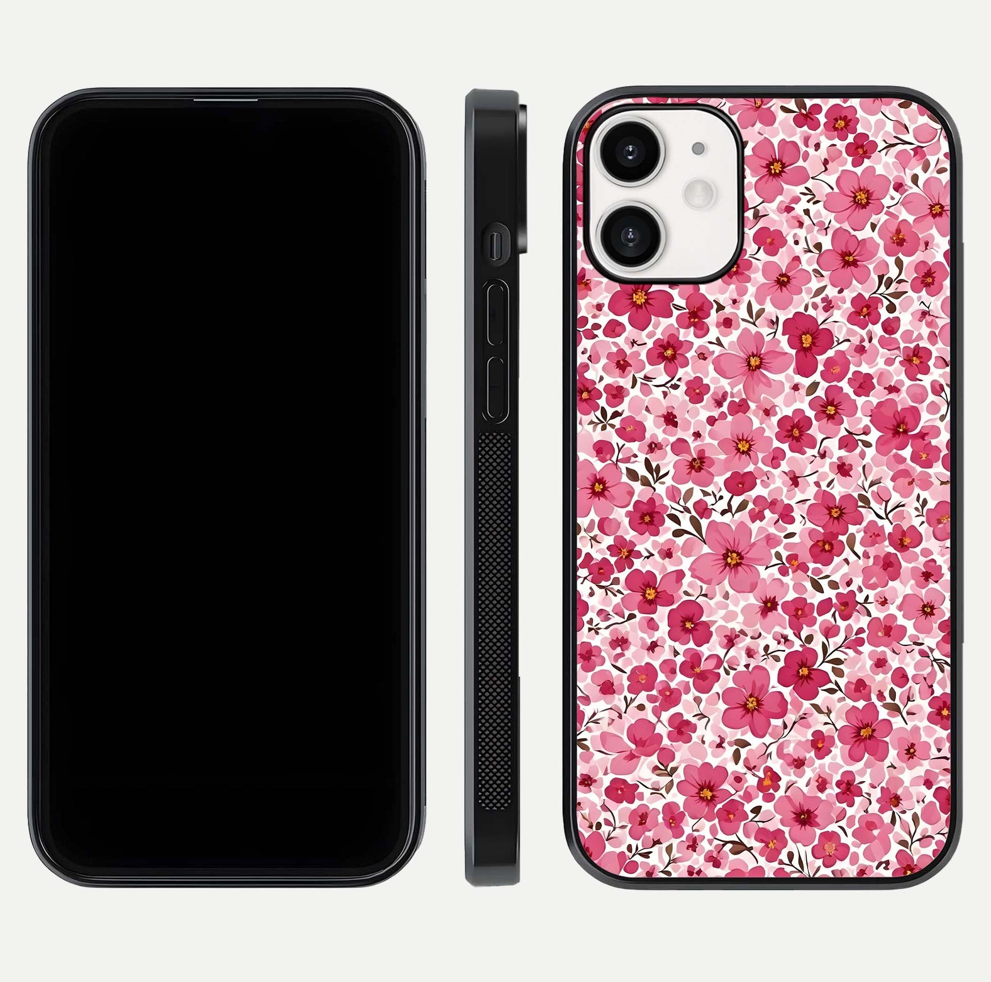 Cherry Blossom Charm Glass Case for iPhone 12 Mini dual-view layout showing elegant floral balance and HD gloss