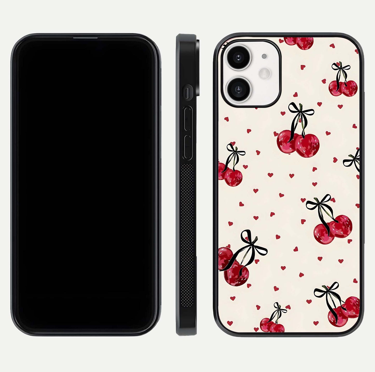 Cherry Heart Bow Glass Case for iPhone 12 Mini front-and-back view showing design clarity and edge protection