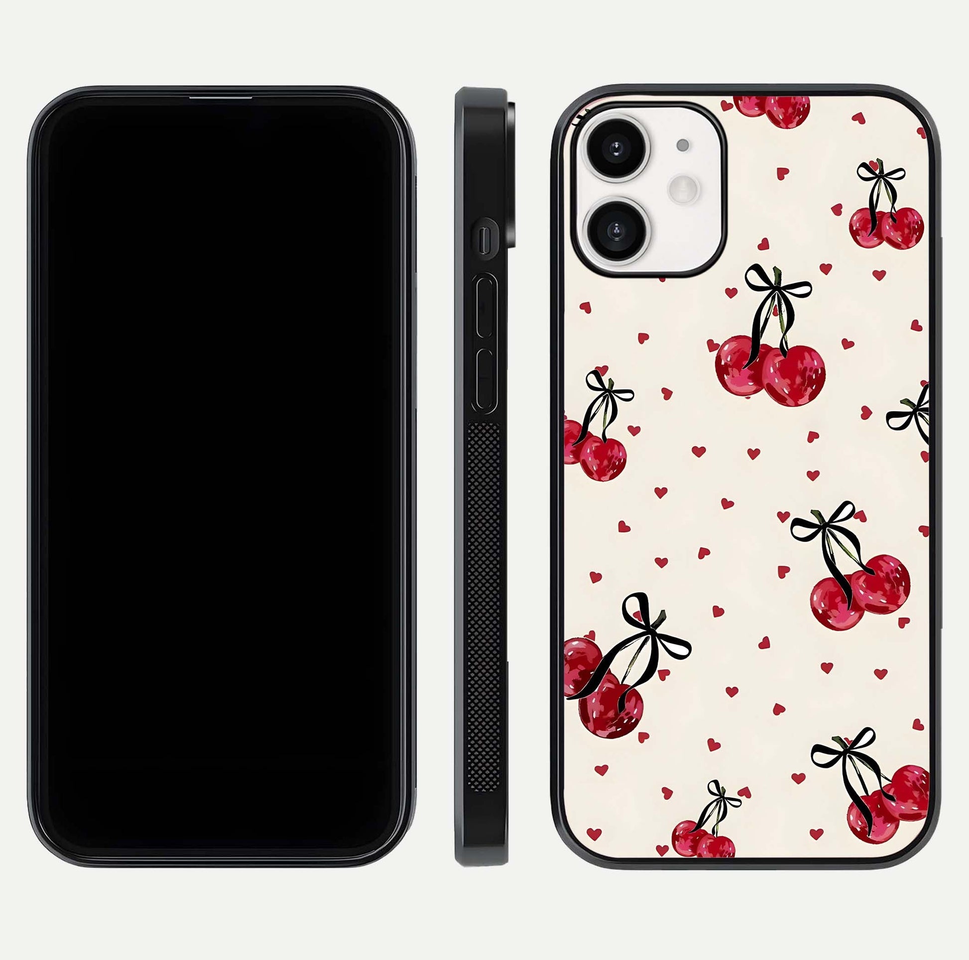 Cherry Heart Bow Glass Case for iPhone 12 Mini front-and-back view showing design clarity and edge protection