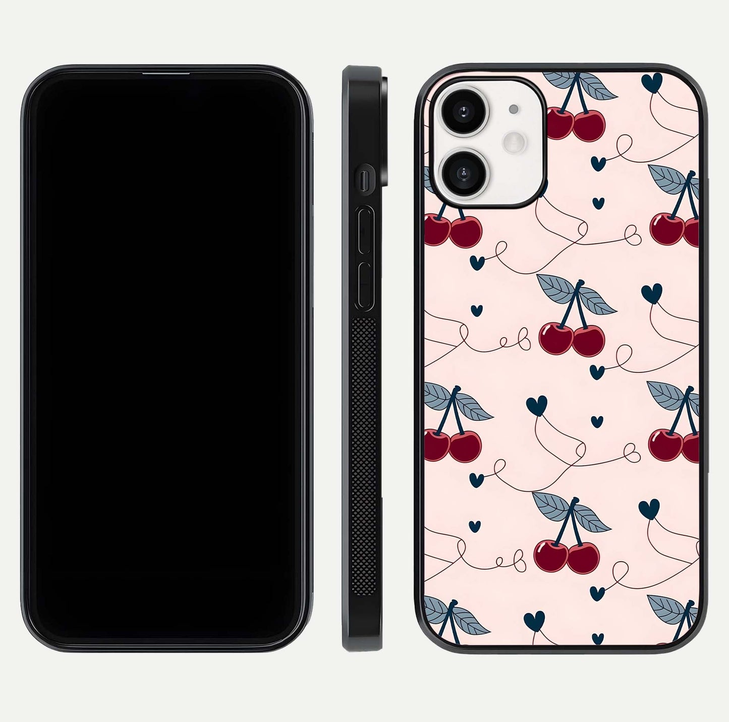 Cherry Heart Line Glass Case for iPhone 12 Mini dual-view layout displaying minimal cherry motif and edge design