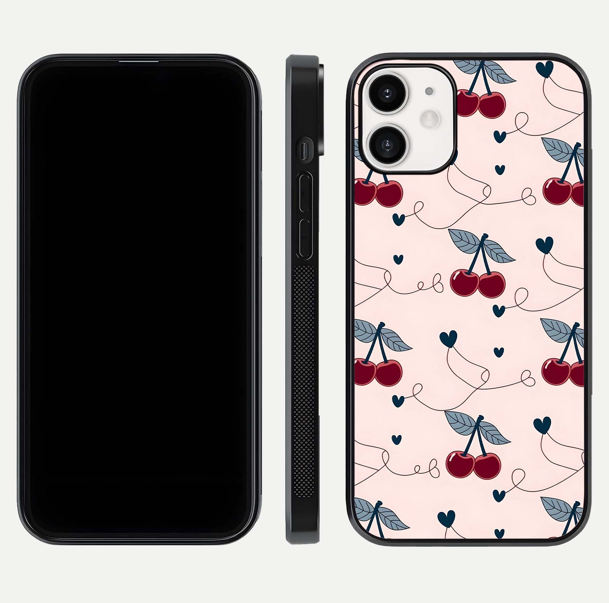 Cherry Heart Line Glass Case for iPhone 12 Mini dual-view layout displaying minimal cherry motif and edge design