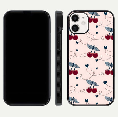 Cherry Heart Line Glass Case for iPhone 12 Mini dual-view layout displaying minimal cherry motif and edge design