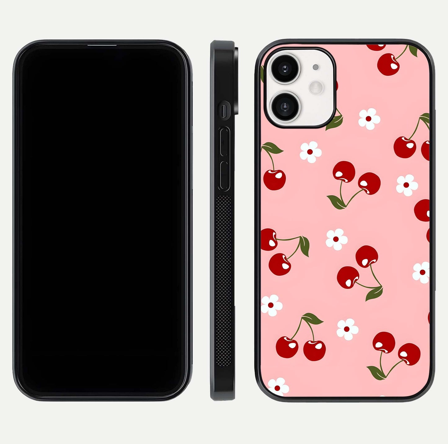 Cherry Love Mood Glass Case for iPhone 12 Mini dual-view layout showing design alignment and curved edges