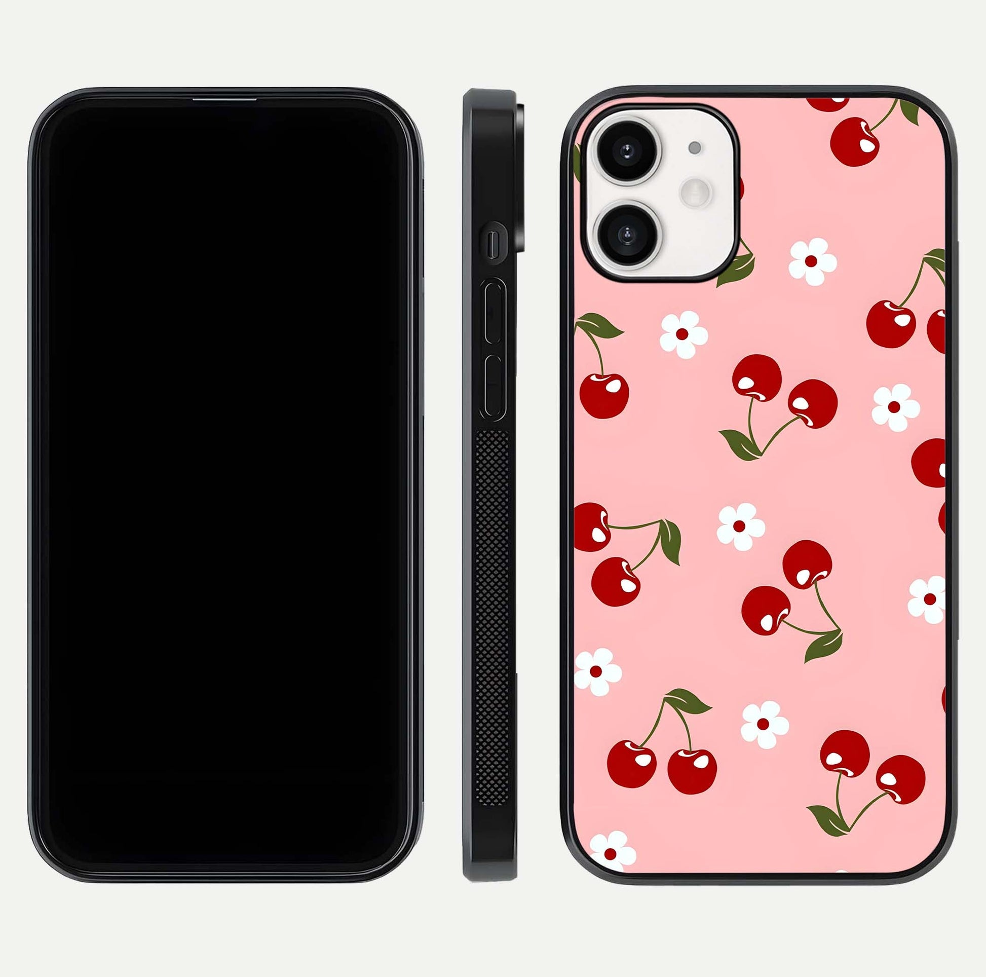 Cherry Love Mood Glass Case for iPhone 12 Mini dual-view layout showing design alignment and curved edges