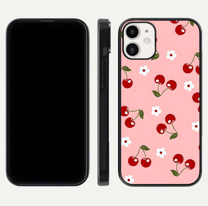 Cherry Love Mood Glass Case for iPhone 12 Mini dual-view layout showing design alignment and curved edges