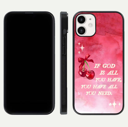 Cherry Quote Glass Case for iPhone 12 Mini dual-view layout showing red cherry tones and text balance