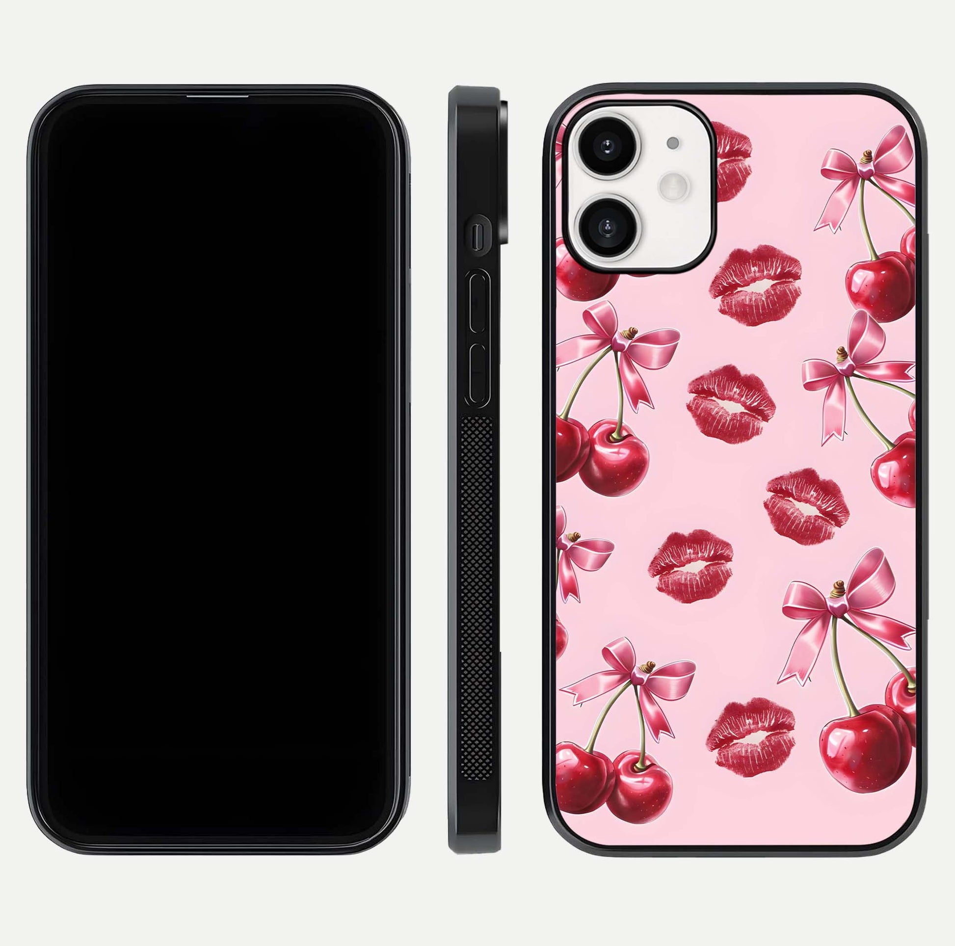 Cherry With Lips Glass Case for iPhone 12 Mini front-and-back layout displaying detailed design and glass finish