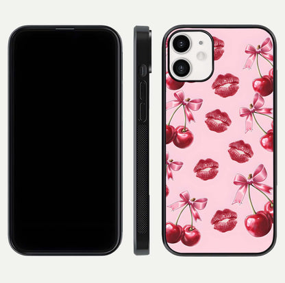 Cherry With Lips Glass Case for iPhone 12 Mini front-and-back layout displaying detailed design and glass finish