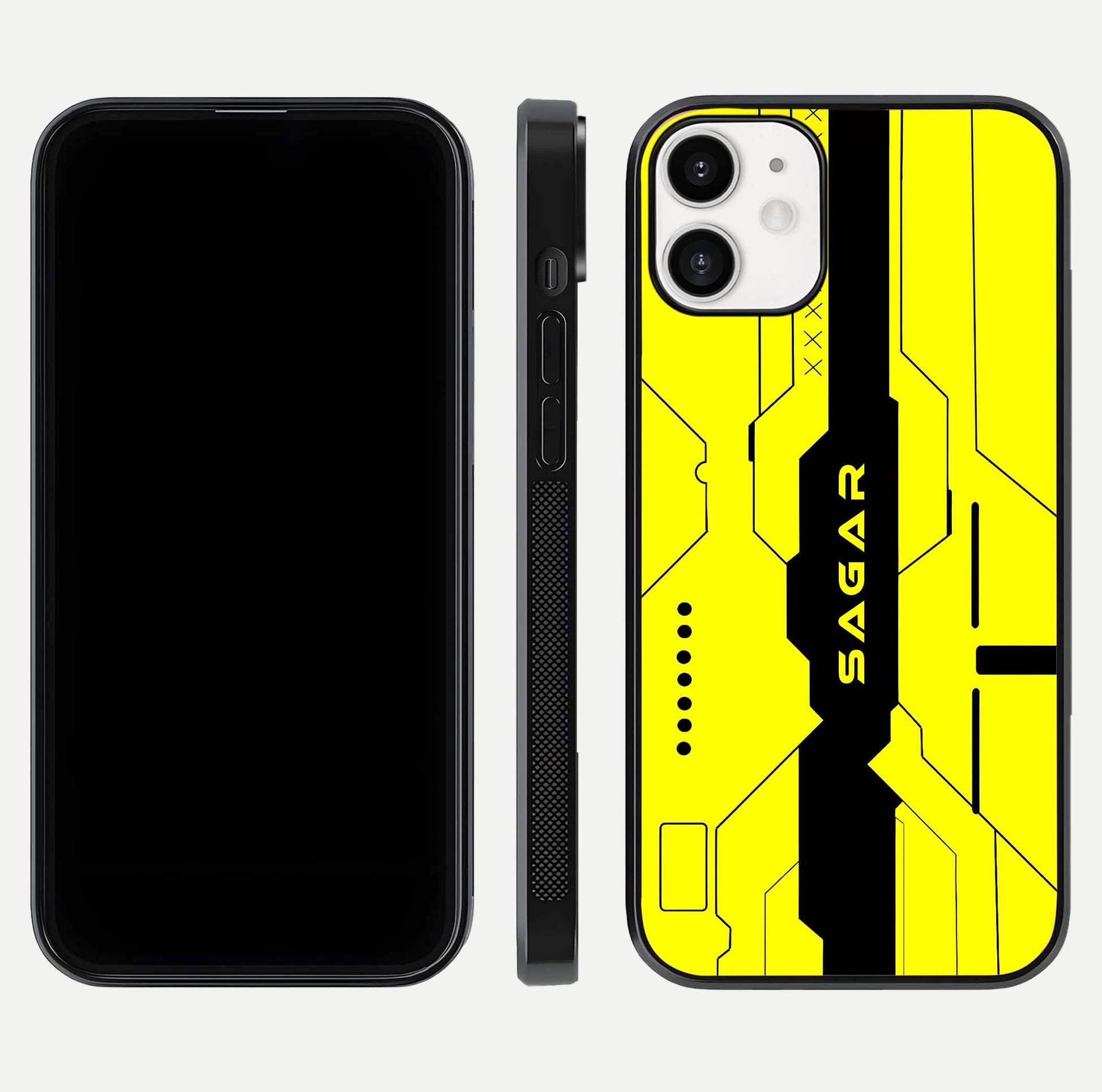 Circuit CYBERPUNK Custom Name Glass Case for iPhone 12 Mini dual-view layout showing bold tech art and edge clarity