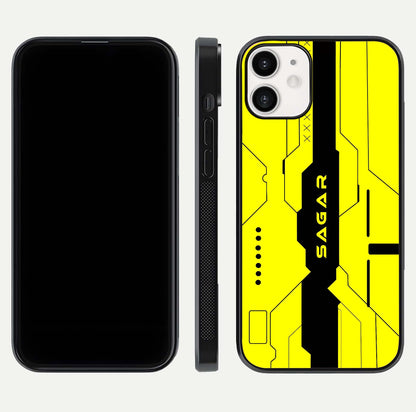 Circuit CYBERPUNK Custom Name Glass Case for iPhone 12 Mini dual-view layout showing bold tech art and edge clarity