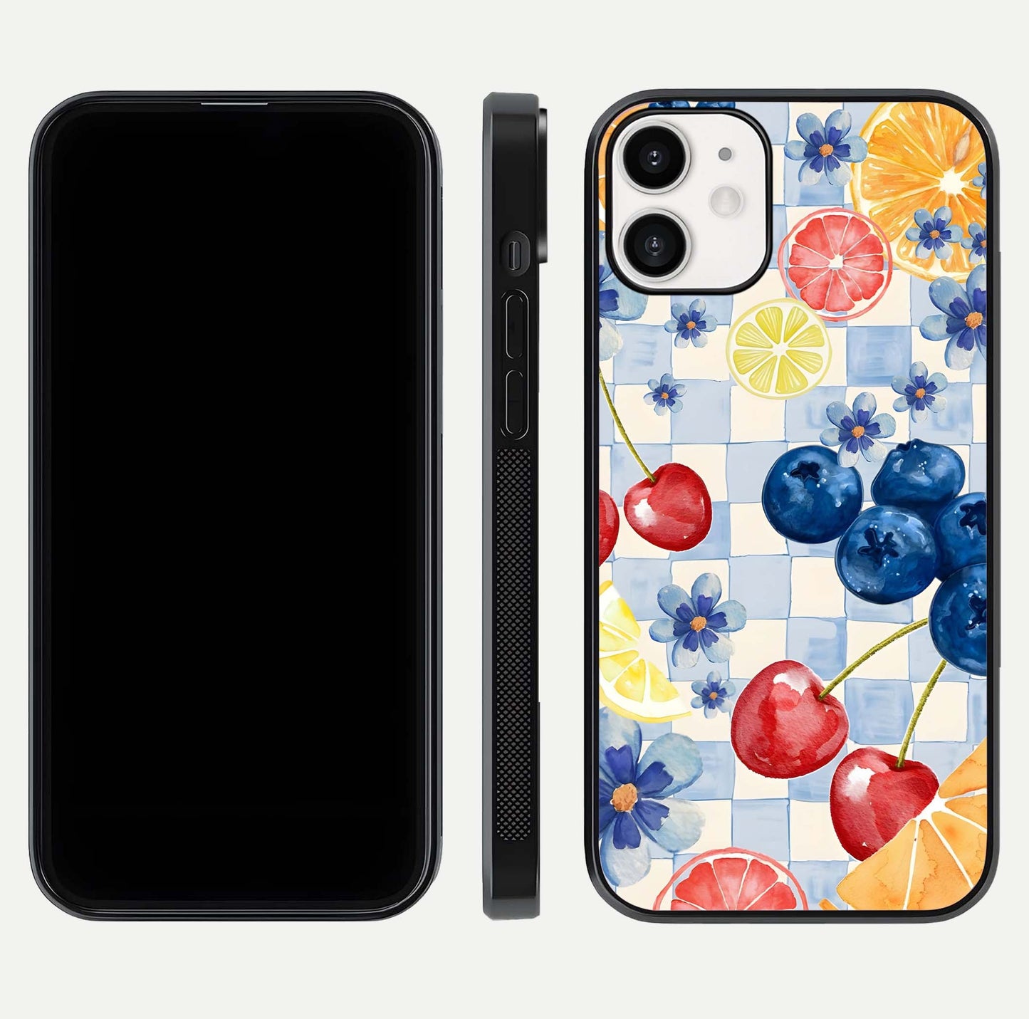 Citrus Bloom Joy Glass Case for iPhone 12 Mini dual-view layout displaying colorful print and smooth edges