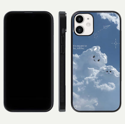 Cloud Bunny Dreams Glass Case for iPhone 12 Mini dual-view layout displaying aesthetic tones and smooth polish