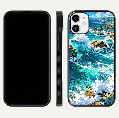 Coastal Blue Waves Glass Case for iPhone 12 Mini dual-view layout displaying sea tones and curved finish