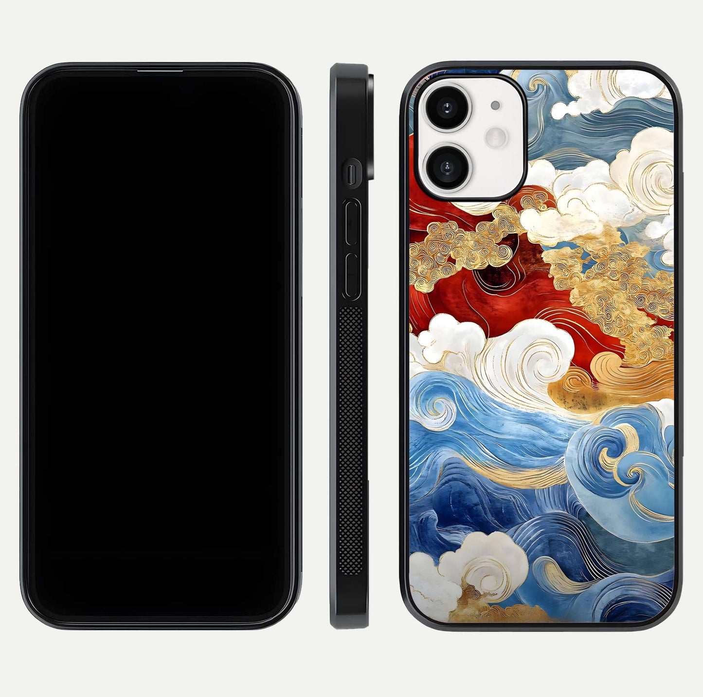 Colored Waves Glass Case for iPhone 12 Mini front & back layout showing smooth edges and vivid print tones