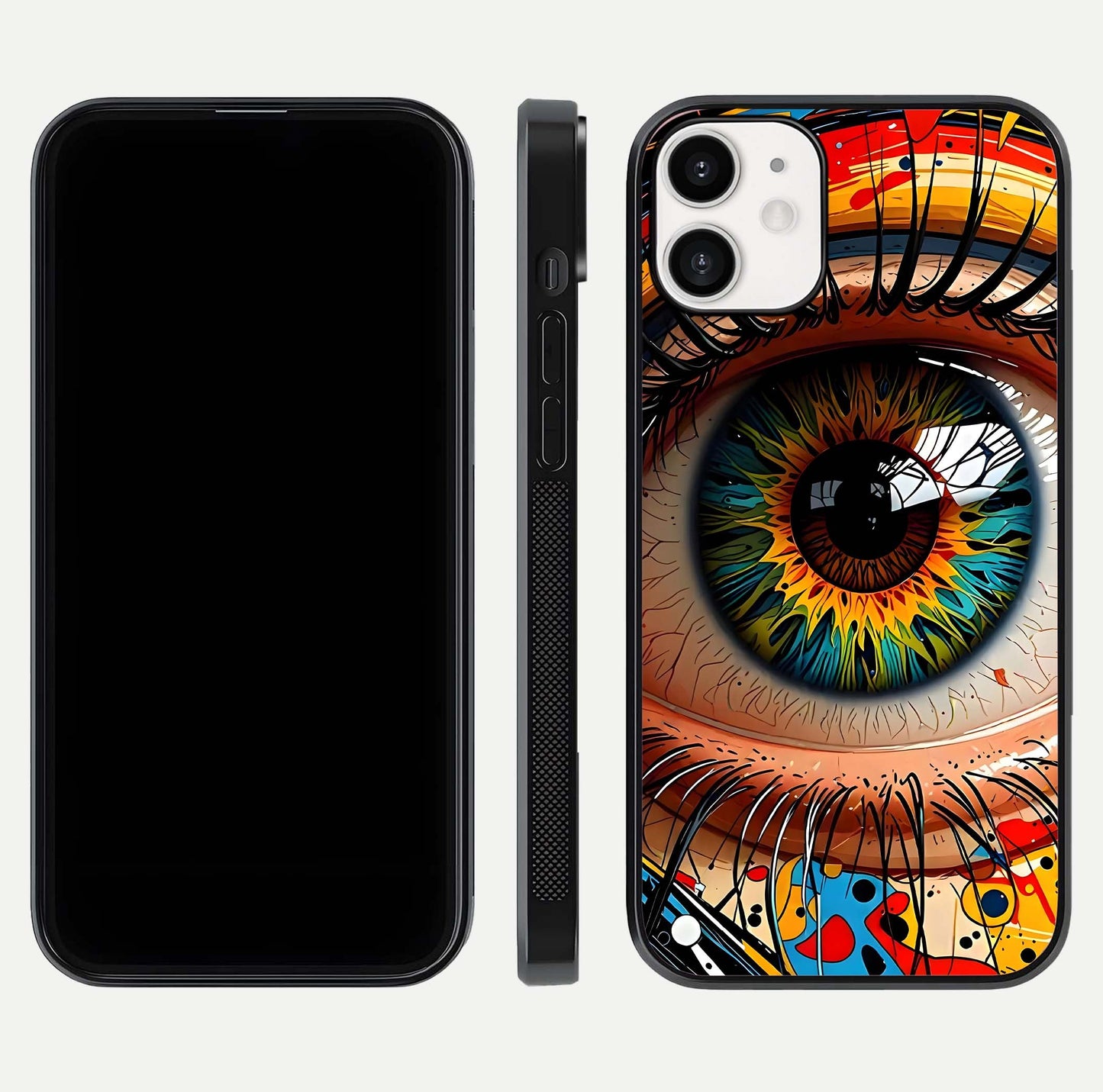 Colorful Eye Glass Case for iPhone 12 Mini dual-view layout displaying vivid tones and smooth glass edges