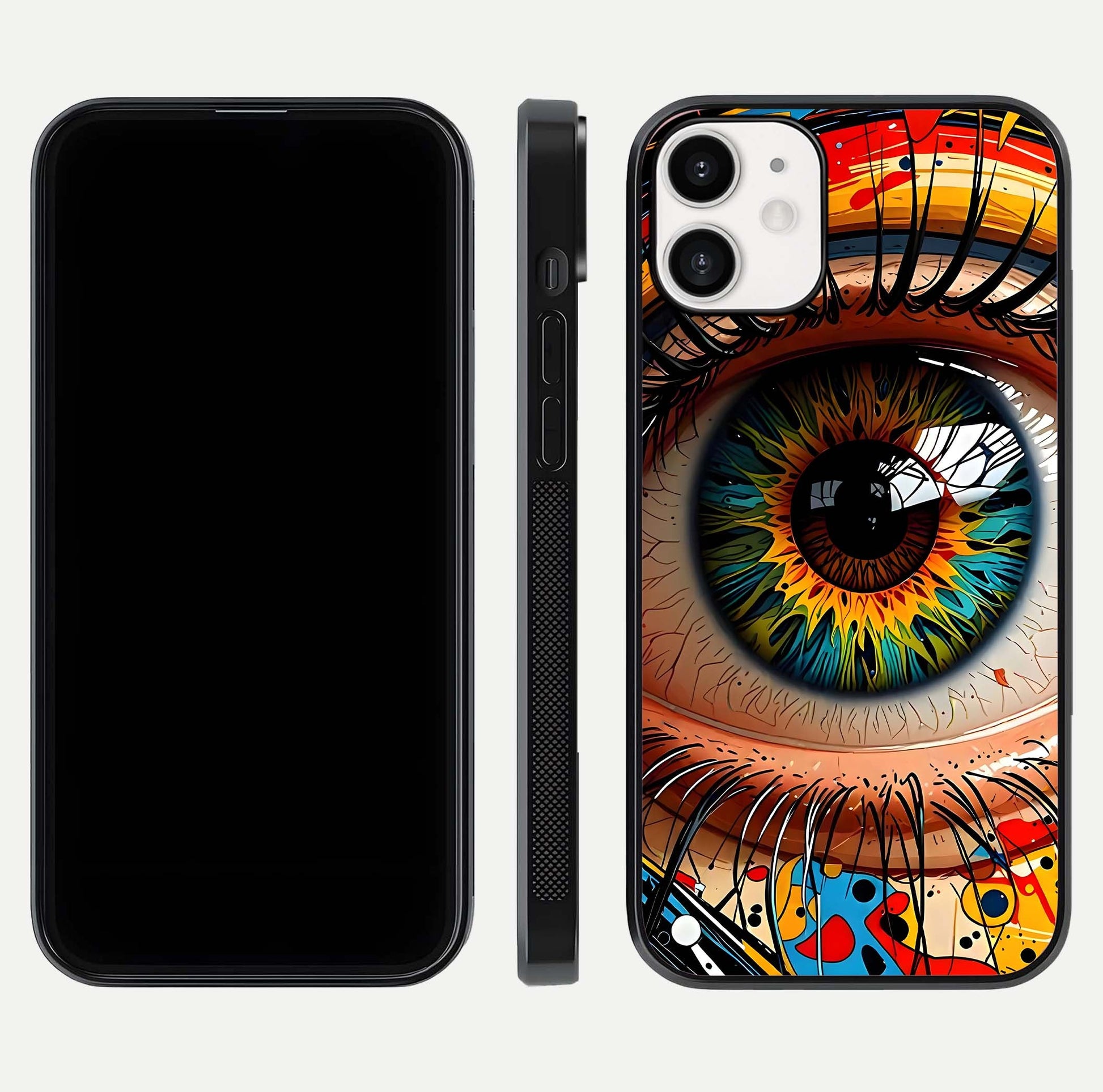 Colorful Eye Glass Case for iPhone 12 Mini dual-view layout displaying vivid tones and smooth glass edges