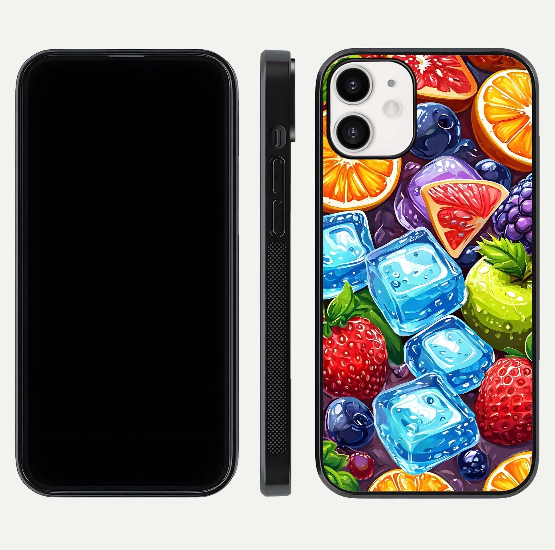 Colorful Fruits with Ice Glass Case for iPhone 12 Mini dual-view layout showing fresh tones and polished edges