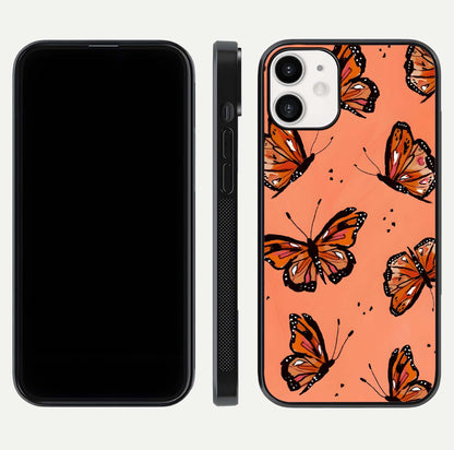 Coral Wing Butterfly Glass Case for iPhone 12 Mini dual-view layout displaying soft floral tones and curved edges