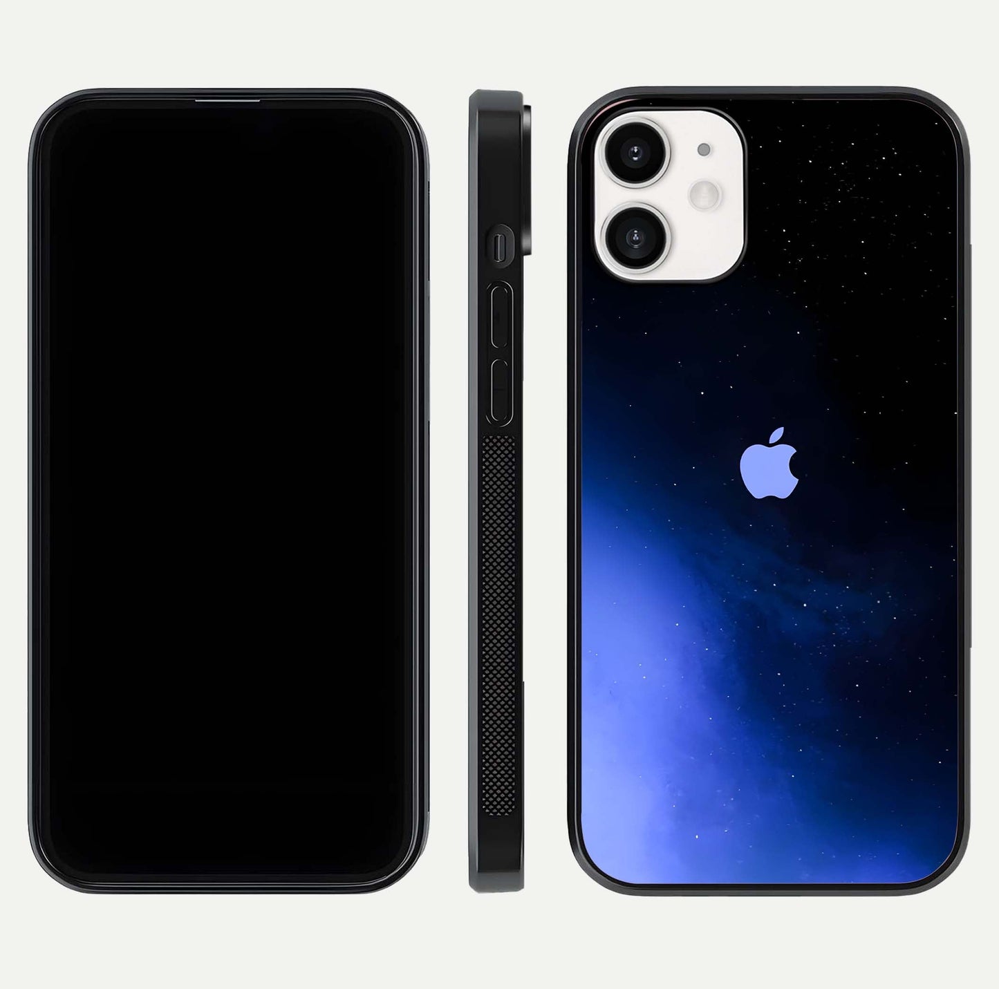 Cosmic Blue Apple Glass Case for iPhone 12 Mini dual-view layout displaying cosmic tones and glass edges