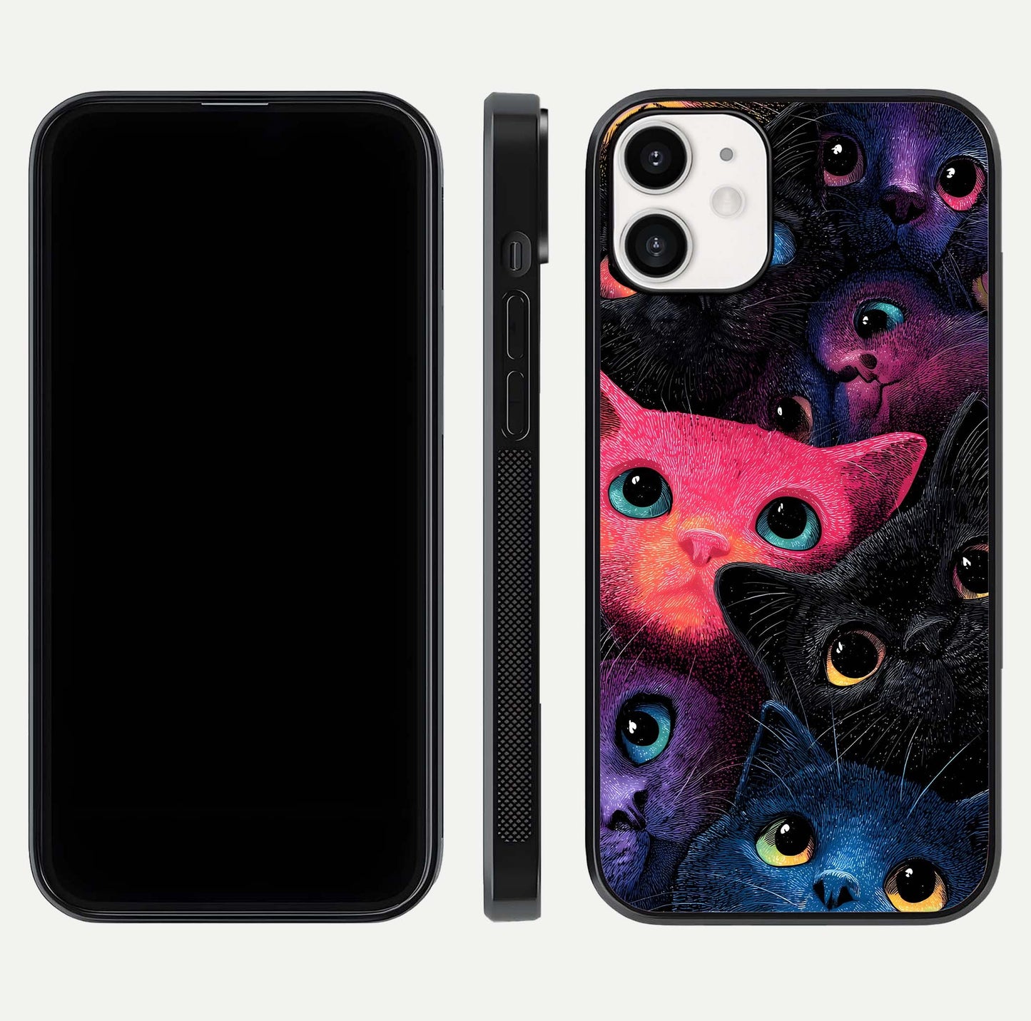 Cosmic Cats Dreams Glass Case for iPhone 12 Mini dual-view layout displaying HD print and glossy shine