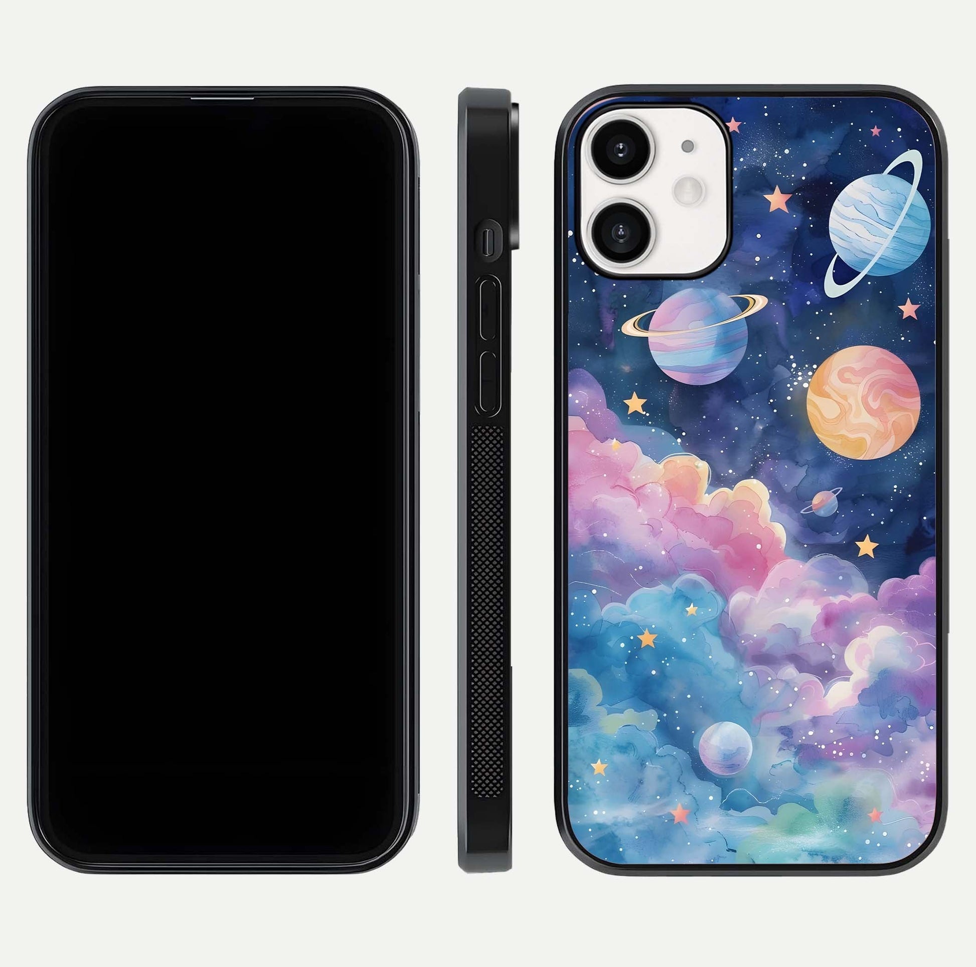 Cosmic Planet Dreams Glass Case for iPhone 12 Mini dual-view layout displaying galaxy colors and curved finish