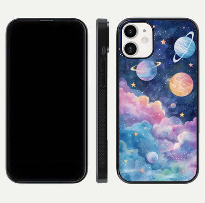 Cosmic Planet Dreams Glass Case for iPhone 12 Mini dual-view layout displaying galaxy colors and curved finish