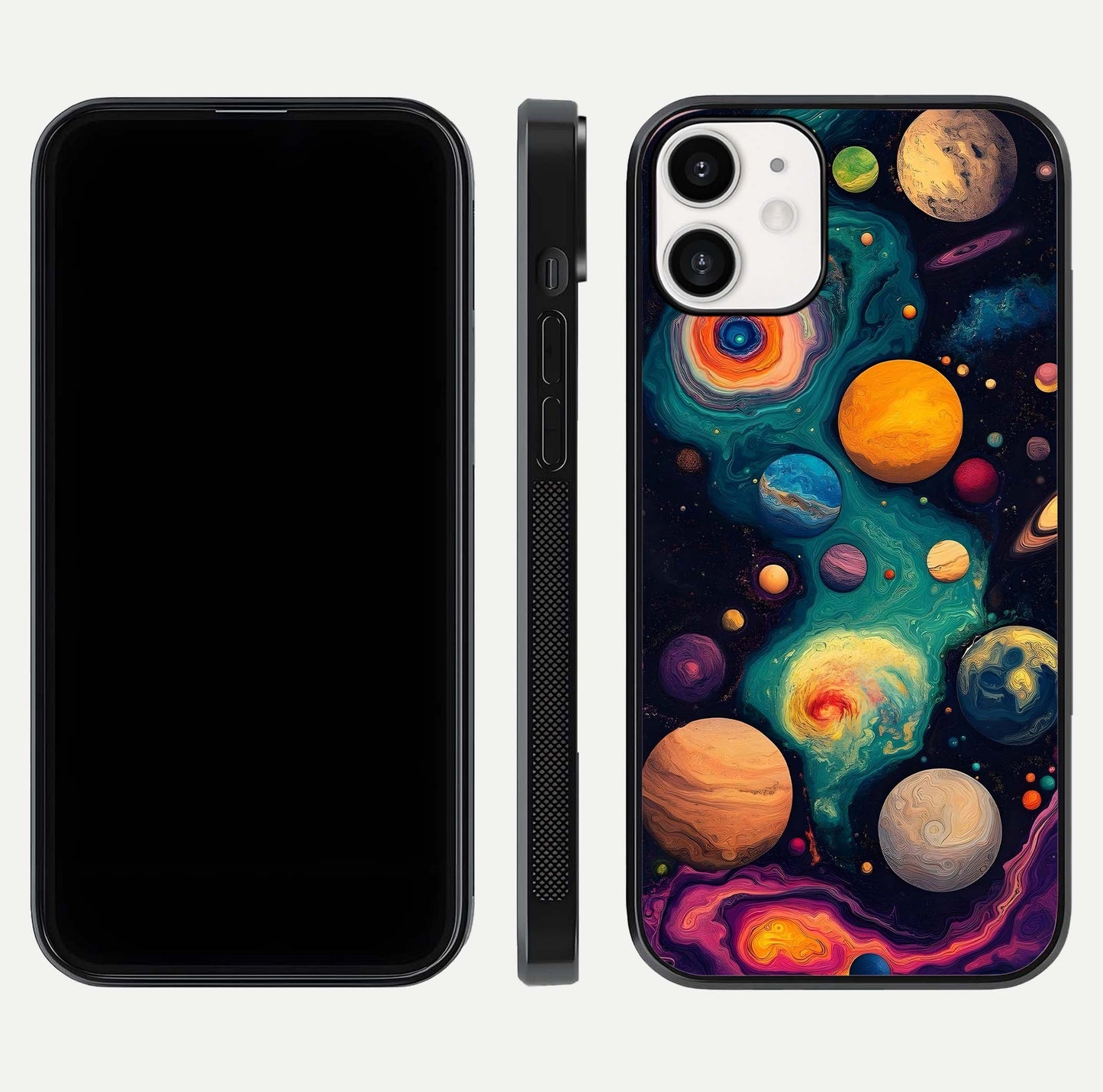 Cosmic Planet Journey Glass Case for iPhone 12 Mini dual-view layout displaying colorful cosmic balance