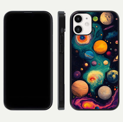 Cosmic Planet Journey Glass Case for iPhone 12 Mini dual-view layout displaying colorful cosmic balance