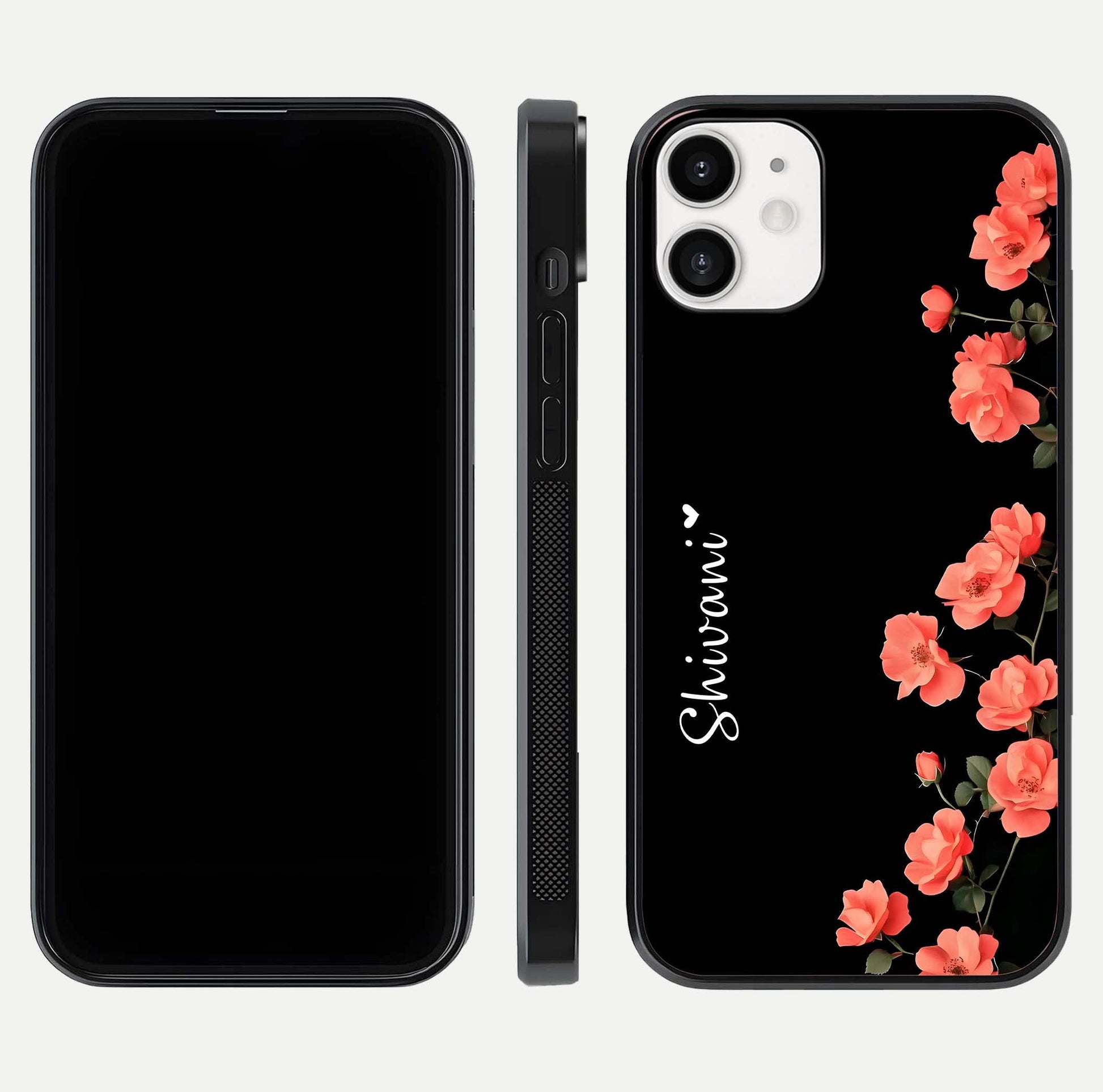 Crimson Bloom Grace Custom Name Glass Case for iPhone 12 Mini dual-view layout displaying custom text and smooth curved edges