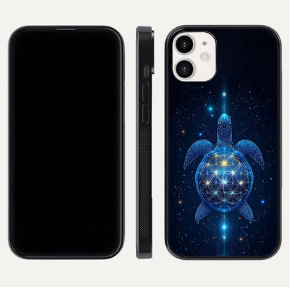 Crimson Blue Turtle Glass Case for iPhone 12 Mini dual-view layout displaying ocean tones and HD finish