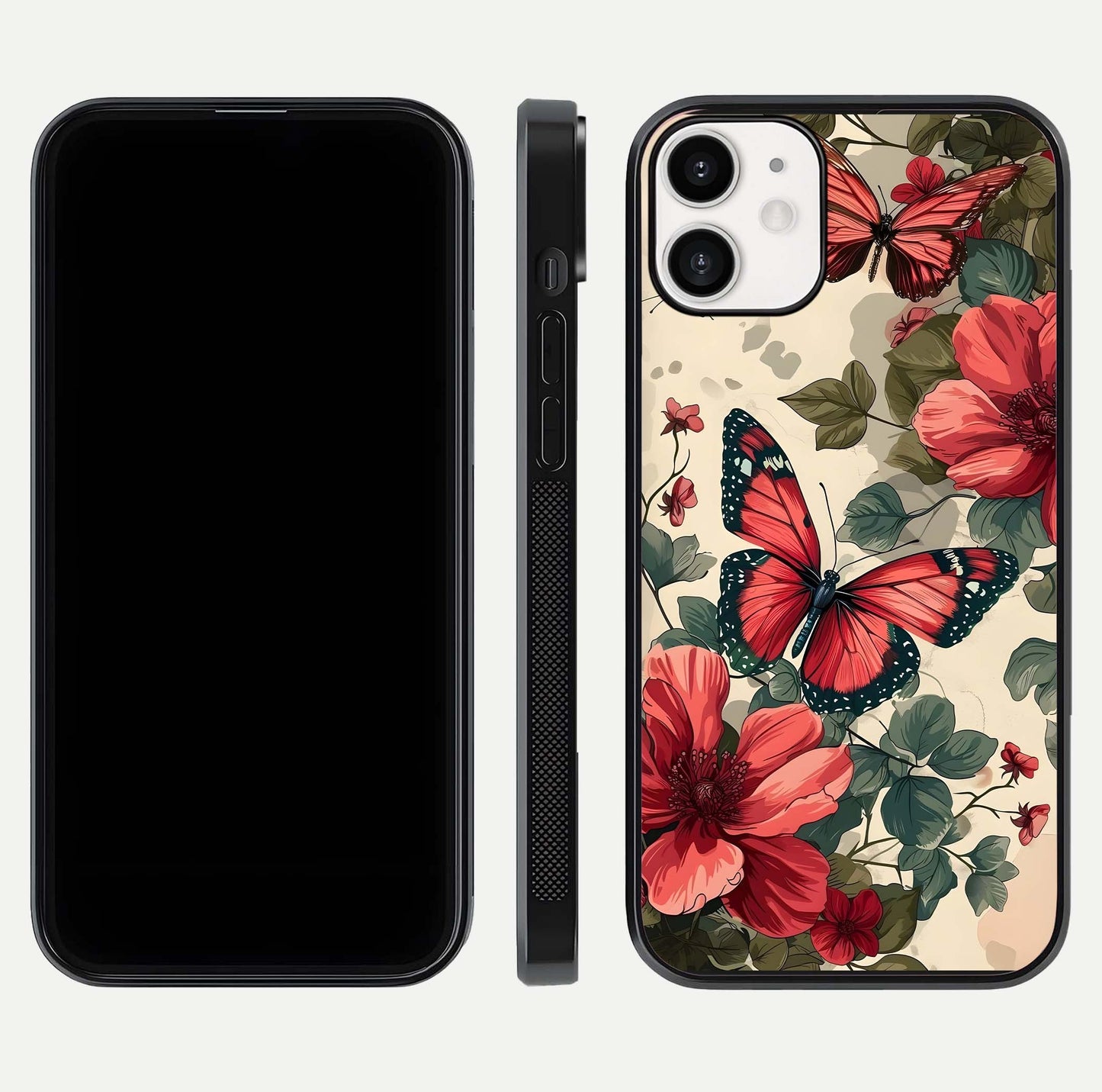 Crimson Butterfly Garden Glass Case for iPhone 12 Mini dual-view layout displaying floral patterns and edge finish